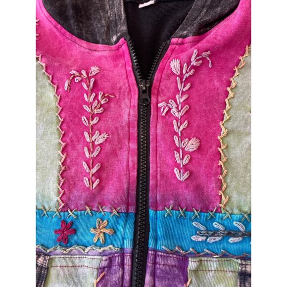 Boho Embroidered Patchwork Hooded Zip Jacket Sz M Festival Hippie - Picture 11 of 14